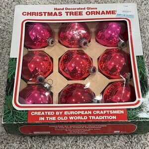 Vintage Hand Decorated Glass Christmas Tree Ornaments Red Set Of 9